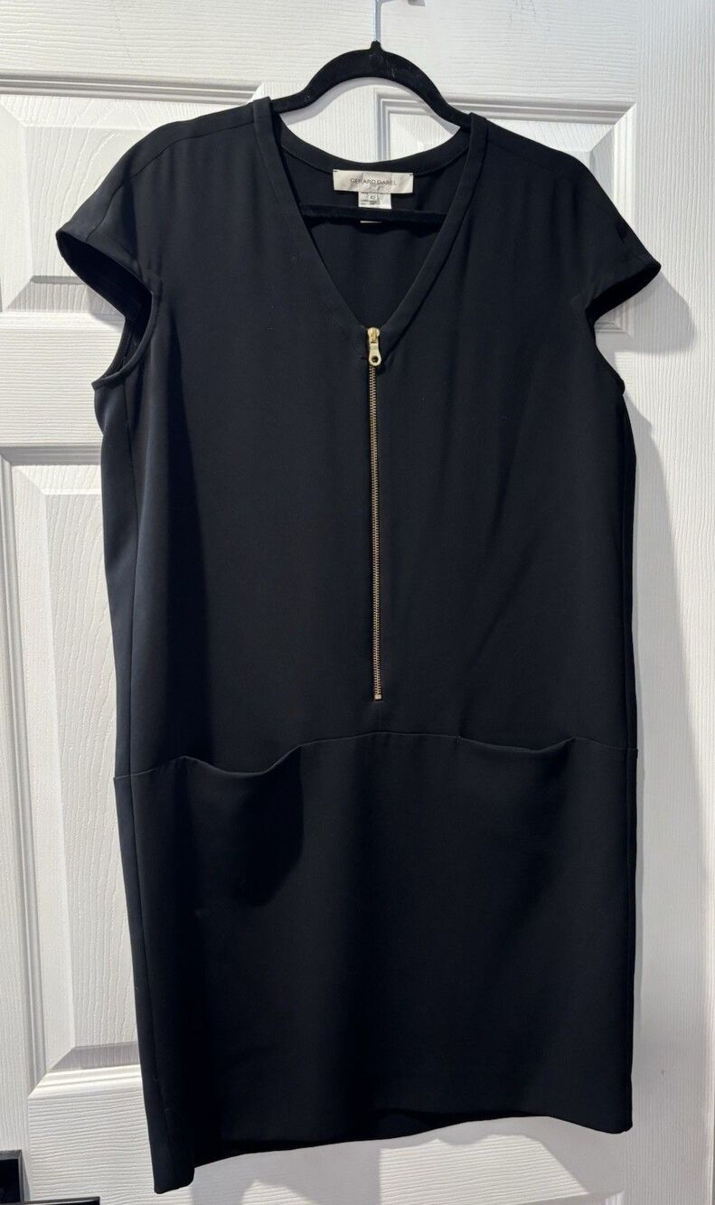 Women’s Gerald Darrel Black Dress Size 42 XL Gold Zipper Pockets Mini Chic LBD